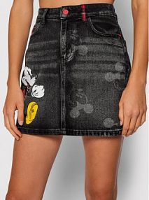 Spódnica jeansowa Desigual czarna DISNEY Mickey 21WWFD13  Slim Fit