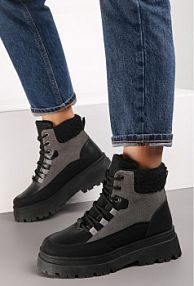 Czarno-Szare Traperki Sznurowane trapery Janne Renee damskie