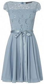 Sukienka koktajlowa z obszyciem koronką i wiązanym paskiem Swing niebieska EAN 77760510