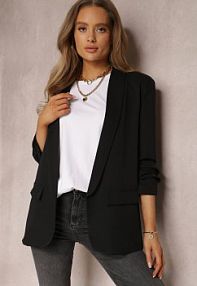 Czarna Marynarka Niezapinana z Marszczonymi Rękawami Orolea Renee