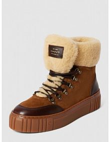 Buty sznurowane z podszewką ze sztucznego kożuszka Gant brązowe damskie