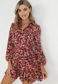 Czarno-Różowa Rozkloszowana sukienka Mini z Kołnierzem Alesha Born2Be