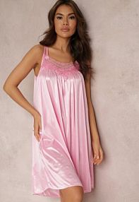 Jasnoróżowa Satynowa koszula nocna z Cienkimi Ramiączkami i Koronką Maceille luin style
