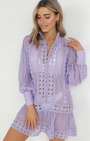 Fioletowa Pudełkowa tunika z Koronką i Długim Rękawem Ahrar Born2Be