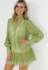 Zielona Pudełkowa tunika z Koronką i Długim Rękawem Ahrar Born2Be