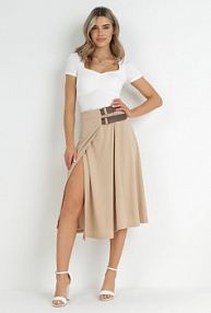 Jasnobeżowa Kopertowa spódnica midi z Gumką w Pasie i Ozdobnymi Paskami Melirine Born2Be