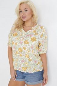 Żółta bluzka z Wiskozy w Kwiaty i Rękawem 3/4 Thaleta h&s damska