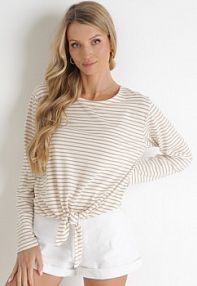 Beżowa bluzka z Ozdobnym Wiązaniem i Długimi Rękawami z Bawełny Marlis italy moda damska