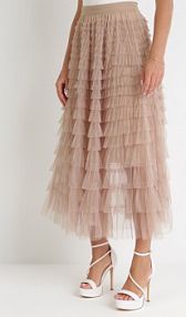 Ciemnobeżowa Rozkloszowana spódnica z Tiulowymi Falbankami i Gumką w Pasie Keleia Born2Be