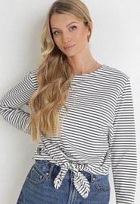 Biało-Granatowa bluzka z Ozdobnym Wiązaniem i Długimi Rękawami z Bawełny Marlis italy moda damska