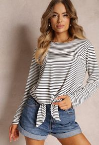 Biało-Granatowa Bawełniana bluzka z Wiązaniem na Dole Bettine italy moda damska