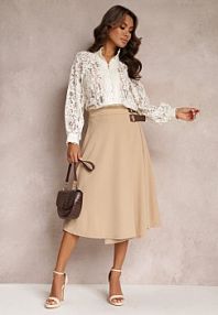 Jasnobeżowa Rozkloszowana spódnica midi z Gumką w Talii i Paskami z Imitacji Skóry Helemisia Renee