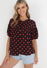 Czarna Rozkloszowana bluzka w Kropki z Falbanką Eblia Born2Be damska