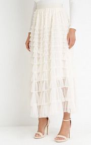 Beżowa Rozkloszowana spódnica maxi z Gumką w Talii i Falbankami Kashika Born2Be