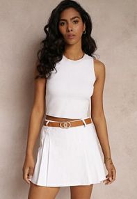 Białe Spódnicospodnie z Gumką w Talii i Paskiem z Imitacji Skóry Aiva Renee