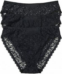 Figi z wysokim stanem, z koronki z recyklingu z głębokim wycięciem nogawek (3 pary)  Bonprix