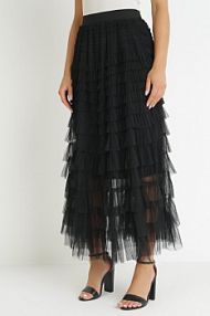 Czarna Rozkloszowana spódnica maxi z Gumką w Talii i Falbankami Kashika Born2Be