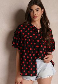 Czarna bluzka w Kropki z Guzikami o Rozszerzanym Fasonie Bislia Renee damska