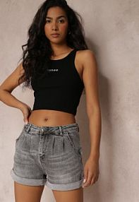 Szare szorty z Jeansu z Modnymi Zakładkami Tenak Renee