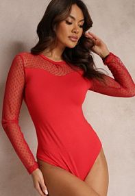 Czerwone Dopasowane body z Długimi Rękawami Ozdobione Siateczką w Kropki Meliora Renee