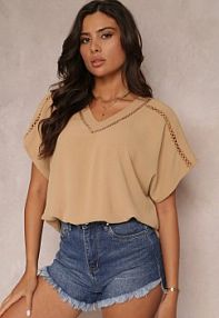 Beżowa bluzka z Krótkimi Rękawami i Ażurowym Dekoltem Morah Renee damska