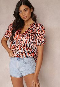 Pomarańczowa Satynowa bluzka z Krótkim Rękawem w Cętki Popina Renee damska