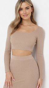 Beżowa Wiskozowa bluzka o Krótkim Fasonie z Długim Rękawem i Kwadratowym Dekoltem Taraneve jus de pom damska