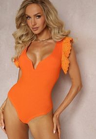 Pomarańczowe body z Wycięciem i Falbankami z Haftem Eshawn Renee