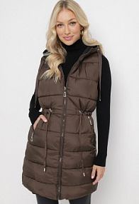 Brązowa Długa kamizelka Dwustronna Zapinana na Suwak z Pikowaniem i Troczkiem w Pasie Heddemia bh forever damska