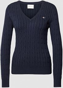 Sweter z dzianiny z wzorem warkocza Gant granatowy damski EAN 4800101