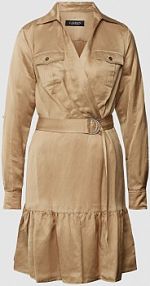 Sukienka koszulowa w kopertowym stylu o długości do kolan z mieszanki wiskozy i lnu Lauren Ralph Lauren brązowa EAN 250925428