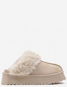 Beżowe kapcie na Platformie z Ekozamszu z Futerkiem Livorn Renee damskie