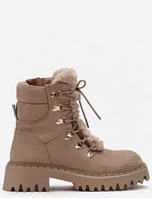 Ciemnobeżowe Traperki z Imitacji Zamszu ze Sznurowaniem i Futerkiem Cynthara Renee damskie