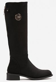 Czarne kozaki na Niskim Słupku i Metaliczną Ozdobą Diventia Renee damskie