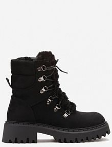 Czarne Traperki z Imitacji Zamszu ze Sznurowaniem i Futerkiem Cynthara Renee damskie