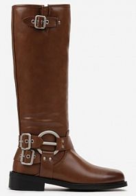 Brązowe kozaki Biker z Ozdobną Klamerką i Kwadratowym Noskiem Bellena Born2Be damskie