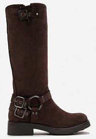 Brązowe kozaki Typu Biker na Płaskim Obcasie z Ozdobną Sprzączką Serriva Born2Be damskie