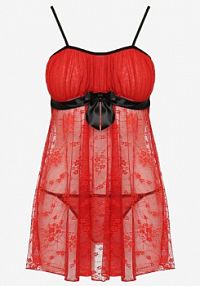 Czerwono-Czarna koszula nocna z Koronki na Ramiączkach z Ozdobną Kokardą i Stringami Celanse han