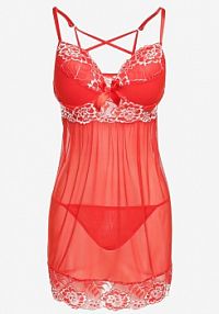Czerwona Koronkowa koszula nocna z Wbudowanym Biustonoszem i Stringami Perunia han