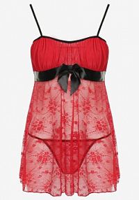 Bordowa koszula nocna z Koronki na Ramiączkach z Ozdobną Kokardą i Stringami Celanse Born2Be