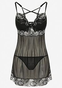 Czarna Koronkowa koszula nocna z Wbudowanym Biustonoszem i Stringami Perunia Born2Be