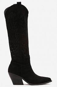 Czarne Ażurowe kozaki przed Kolano na Ściętym Słupku Tirita Born2Be damskie