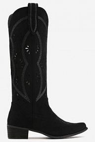 Czarne kozaki Kowbojki z Ekozamszu z Ozdobnym Ażurowym Wzorem Bonucci Born2Be damskie