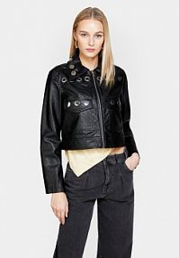 Kurtka skórzana Sisley czarna damska Z imitacji skóry