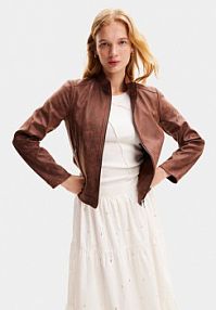 Kurtka skórzana Desigual brązowa damska Z imitacji skóry