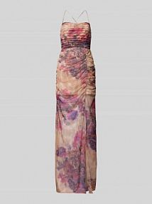 Sukienka wieczorowa z marszczeniami w kwiatowym wzorem ADLYSH beżowa EAN AK Spag SqurNck