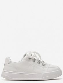 Białe Sznurowane sneakersy z Ekoskóry z Detalami z Cyrkoniami Falenc Renee damskie