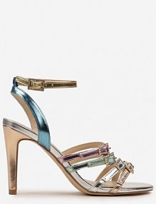 Srebrne sandały na obcasie Ozdobione Biżuteryjnymi Sprzączkami Raletsa Renee