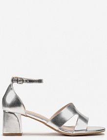 Srebrne sandały z Ekoskóry na Słupku z Paskiem ze Sprzączką i Wycięciami Biscotta Renee