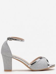 Srebrne Brokatowe sandały ze Sprzączką na Słupku z Metalicznymi Wstawkami Alpireva Renee
